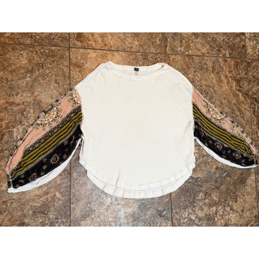 We The Free Free People Waffle Knit Thermal Top Balloon Paisley Sleeve Cream S
